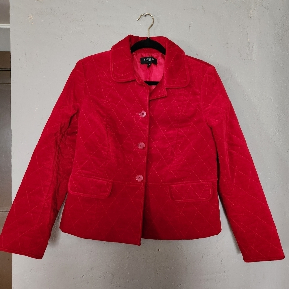 Talbots Quilted Velveteen Blazer Jacket Womens 10P Petites Red Lined Lined